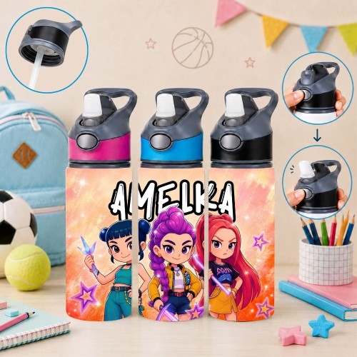 Butelka na wodę dla dziecka do szkoły przedszkola HUNTRIX K-POP z imieniem 650ml
