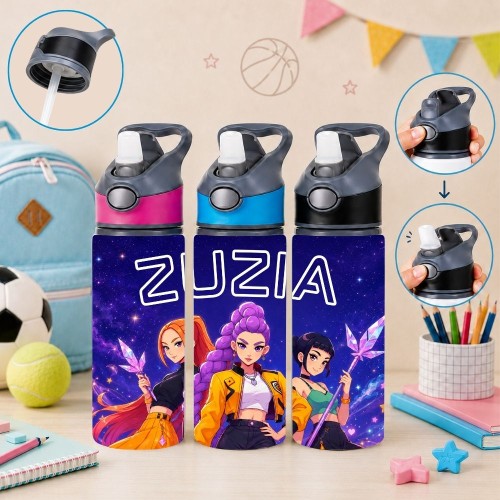Butelka na wodę dla dziecka do szkoły przedszkola HUNTRIX K-POP z imieniem 650ml