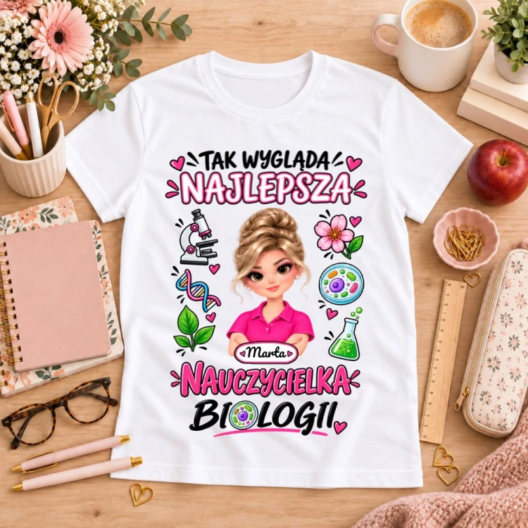 Koszulka dla nauczycielki z awatarem i przedmiotem - BIOLOGIA