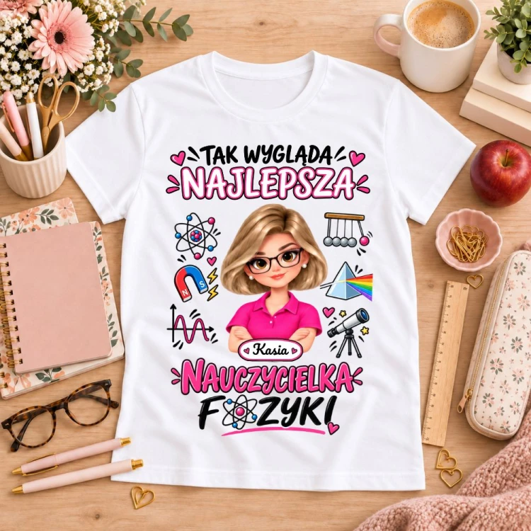 Koszulka dla nauczycielki z awatarem i przedmiotem - FIZYKA