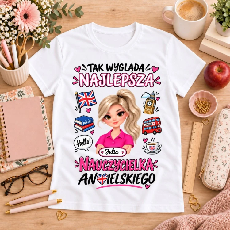 Koszulka dla nauczycielki z awatarem i przedmiotem - ANGIELSKI