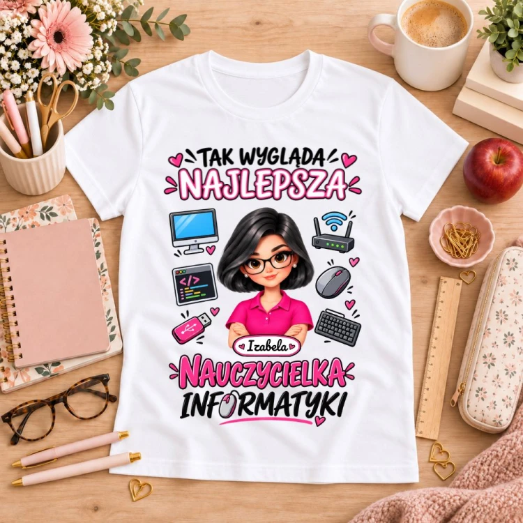 Koszulka dla nauczycielki z awatarem i przedmiotem - INFORMATYKA