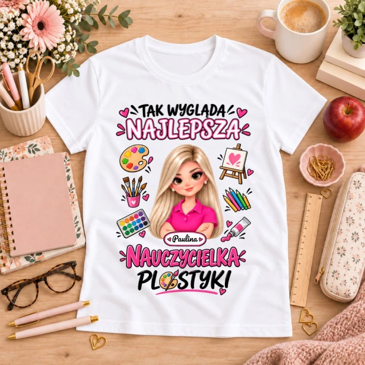 Koszulka dla nauczycielki z awatarem i przedmiotem - PLASTYKA