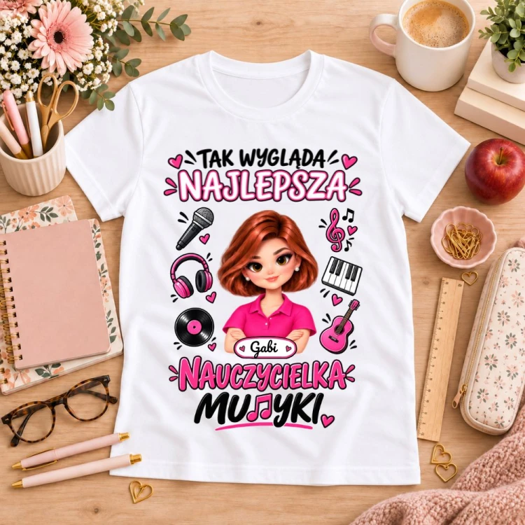 Koszulka dla nauczycielki z awatarem i przedmiotem - MUZYKA