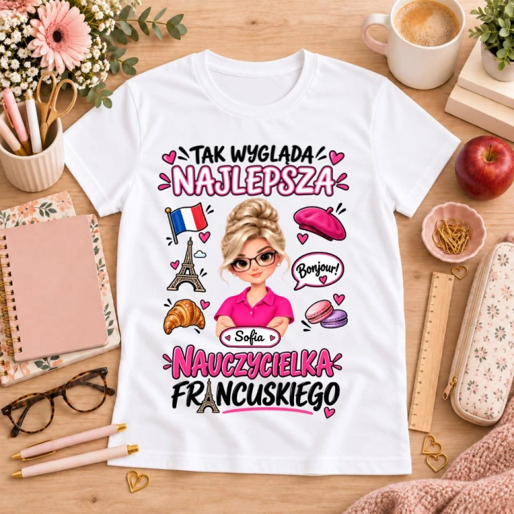 Koszulka dla nauczycielki z awatarem i przedmiotem - FRANCUSKI