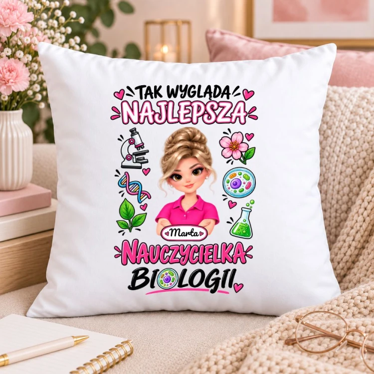 Poduszka dla nauczycielki z awatarem i przedmiotem - BIOLOGIA