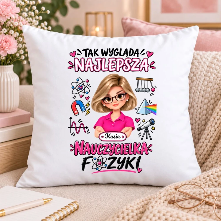Poduszka dla nauczycielki z awatarem i przedmiotem - FIZYKA