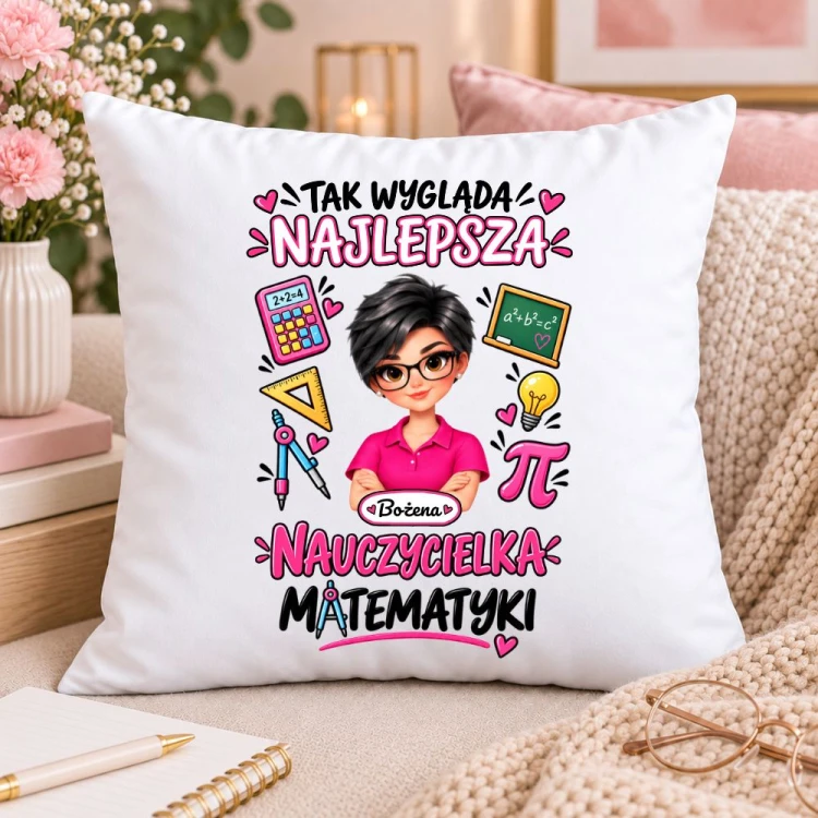 Poduszka dla nauczycielki z awatarem i przedmiotem - MATEMATYKA