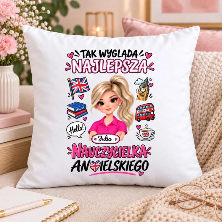 Poduszka dla nauczycielki z awatarem i przedmiotem - ANGIESLKI