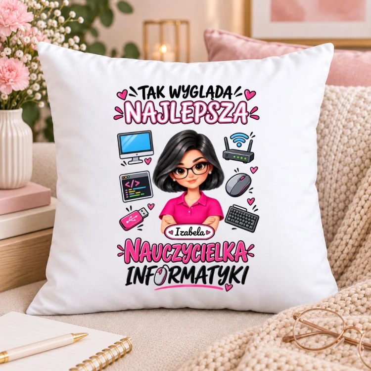 Poduszka dla nauczycielki z awatarem i przedmiotem - INFORMATYKA