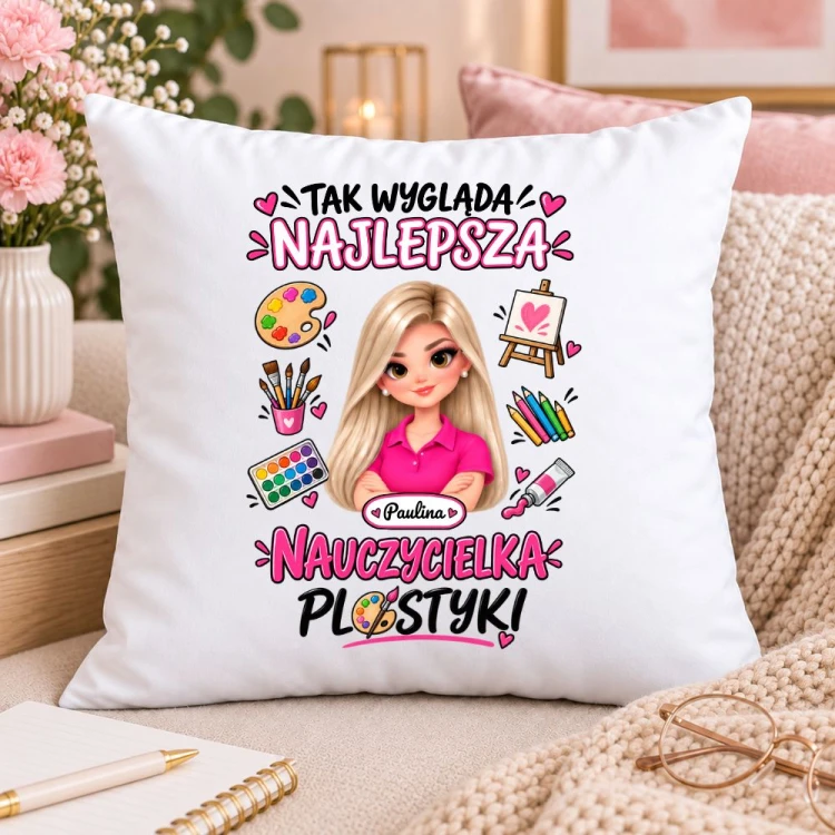 Poduszka dla nauczycielki z awatarem i przedmiotem - PLASTYKA