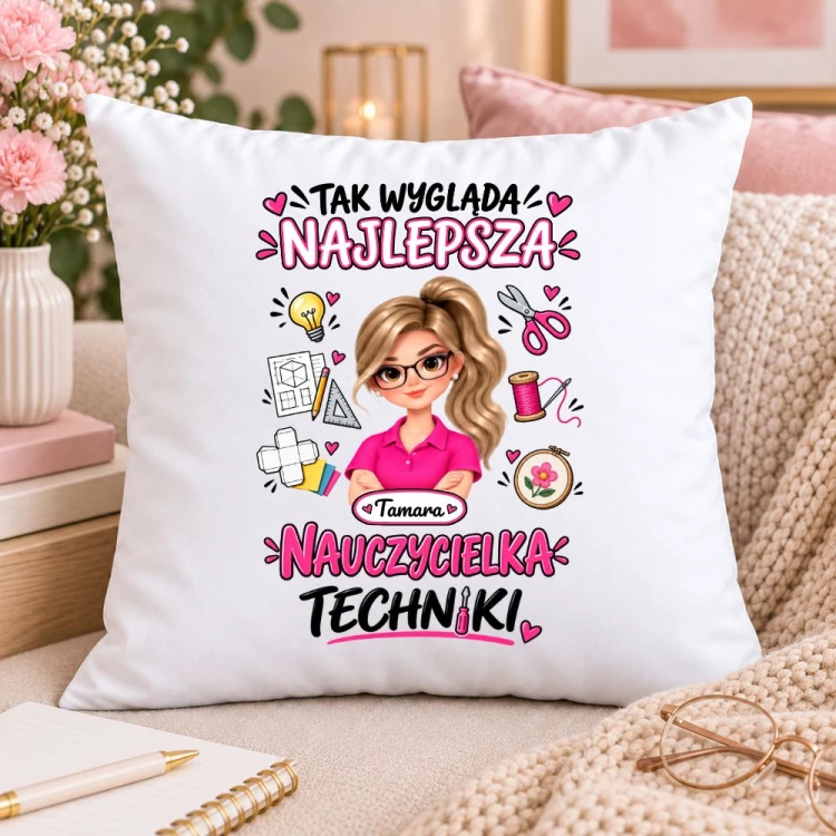 Poduszka dla nauczycielki z awatarem i przedmiotem - TECHNIKA