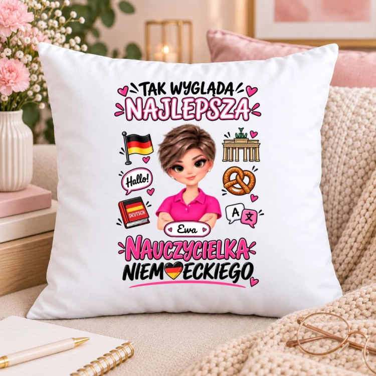 Poduszka dla nauczycielki z awatarem i przedmiotem - NIEMIECKI