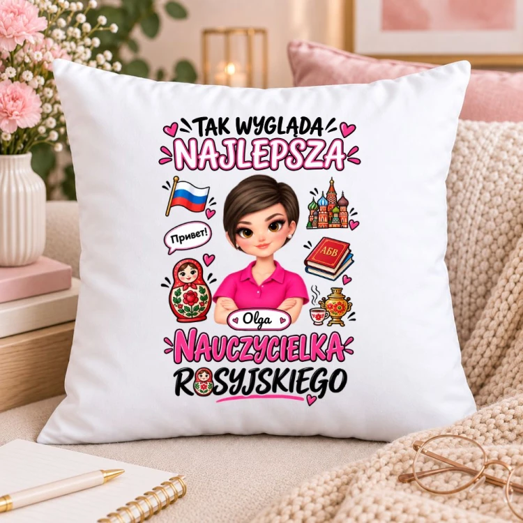 Poduszka dla nauczycielki z awatarem i przedmiotem - ROSYJSKI