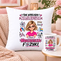 Zestaw poduszka i kubek dla nauczycielki z awatarem i przedmiotem - FIZYKA