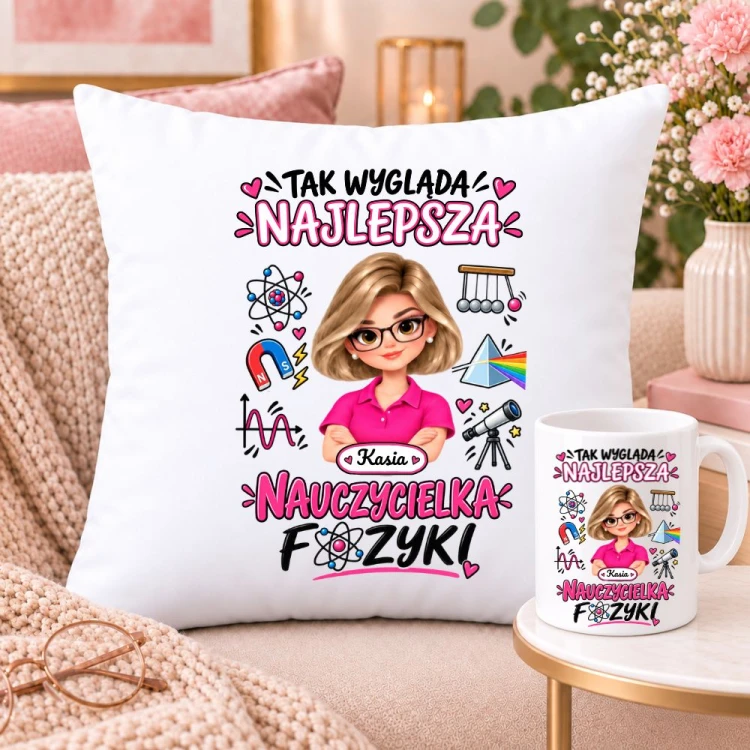 Zestaw poduszka i kubek dla nauczycielki z awatarem i przedmiotem - FIZYKA