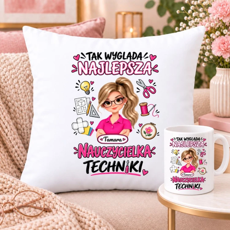 Zestaw poduszka i kubek dla nauczycielki z awatarem i przedmiotem - TECHNIKA