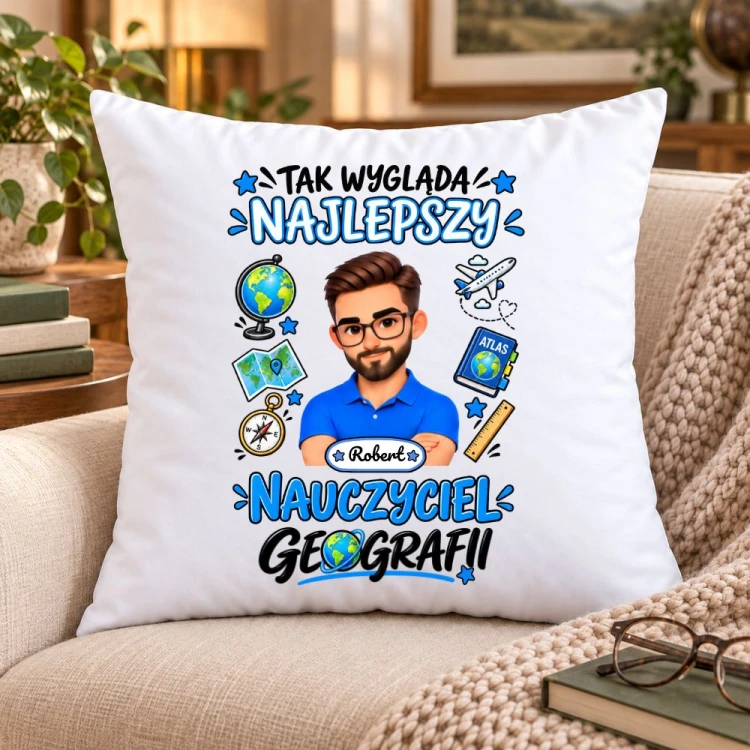 Poduszka dla nauczyciela z awatarem i przedmiotem - GEOGRAFIA