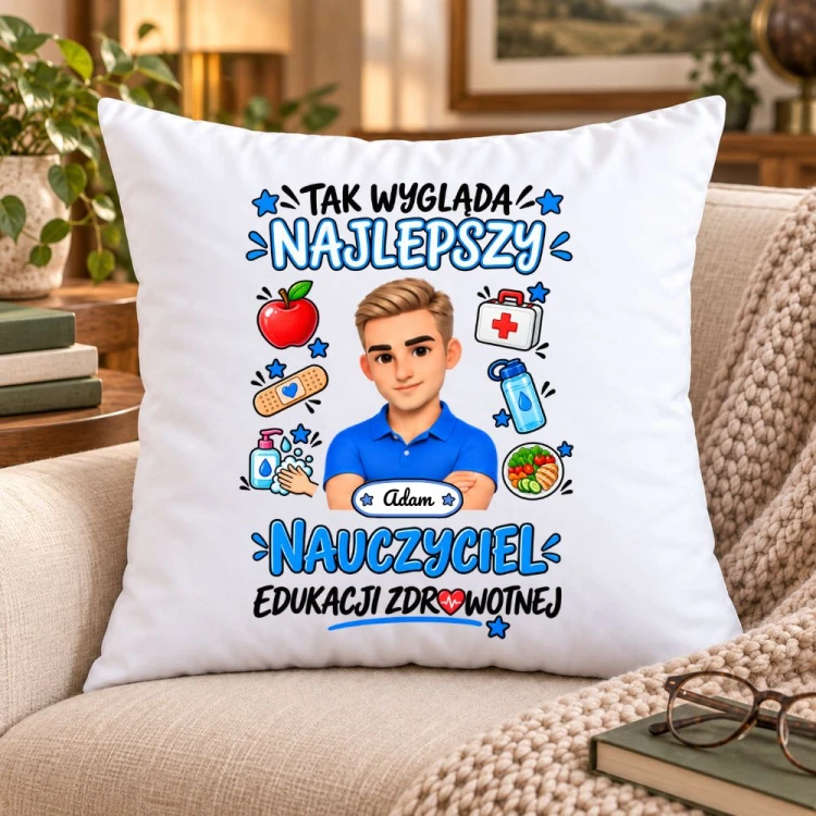 Poduszka dla nauczyciela z awatarem i przedmiotem - EDUKACJA ZDROWOTNA