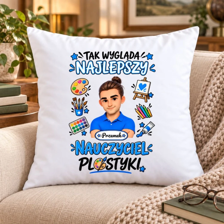 Poduszka dla nauczyciela z awatarem i przedmiotem - PLASTYKA