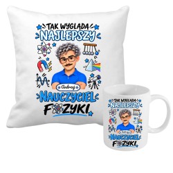 Zestaw poduszka i kubek dla nauczyciela z imieniem i awatarem personalizowany prezent
