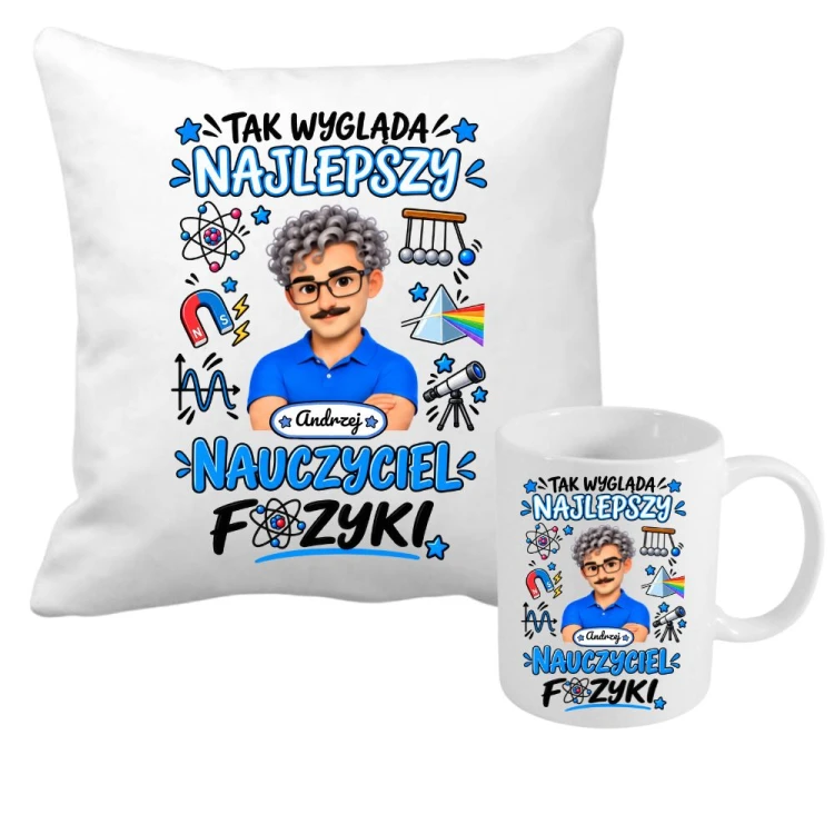 Zestaw poduszka i kubek dla nauczyciela z imieniem i awatarem personalizowany prezent