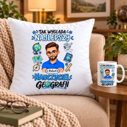 Zestaw poduszka i kubek dla nauczyciela z awatarem i przedmiotem - GEOGRAFIA