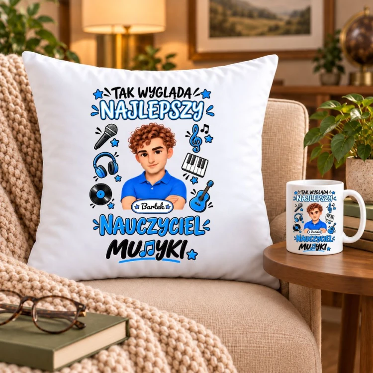 Zestaw poduszka i kubek dla nauczyciela z awatarem i przedmiotem - MUZYKA