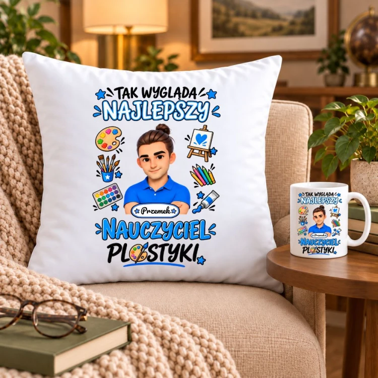 Zestaw poduszka i kubek dla nauczyciela z awatarem i przedmiotem - PLASTYKA