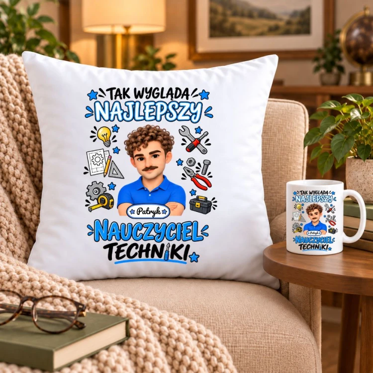 Zestaw poduszka i kubek dla nauczyciela z awatarem i przedmiotem - TECHNIKA