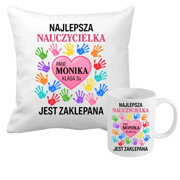 Zestaw poduszka + kubek dla nauczycielki z imieniem personalizowany prezent dla nauczyciela